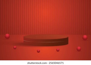 Podium shape for show cosmetic product display for christmas day or new years. Stand product showcase on red background with lighting christmas. vector design.