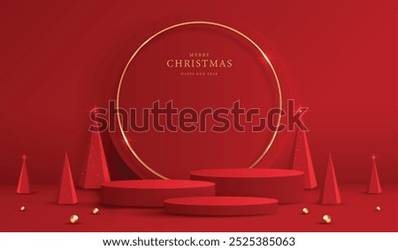 Podium shape for show cosmetic product display for christmas day or new years. Stand product showcase on red background with lighting christmas. vector design.