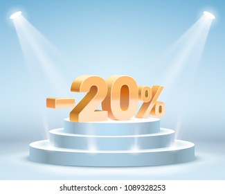 Podio con porcentaje de descuento por acciones. Ilustración del vector