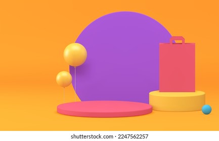 Podium shopping business product advertising party event sale discount festive design 3d realistic vector illustration. Pedestal store merchandising showcase air balloon decor special offer promo