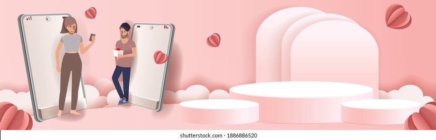 podium for show and love couple in mobile phone sent gift pink heart and love pink background Valentine's day festival. Vector illustration.paper art style.boy friend and girl friend .chat and social