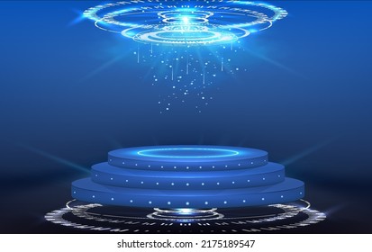 podium for show product in futuristic cyberpunk or hud style. Showcase with copy space. Blue circle neon lighting. Circle portals, teleport, hologram gadget. Blank display, stage or magic portal
