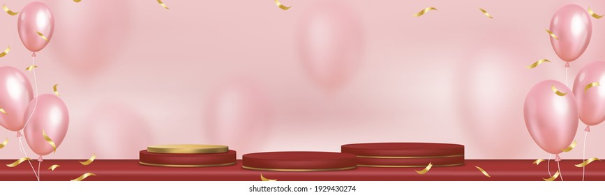 Podium Showcase display with balloon flying on Red and Yellow gold Cylinder Stand,Vector Luxury  3D Stage pedestal platform, illustration showcase for Chinese New year or Christmas Promotions