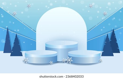 Podium zur Präsentation von Produkten. leeres Podium mit minimalistischem Design und Winterhintergrund