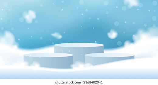 podium to showcase products. empty podium with minimalist design and winter background