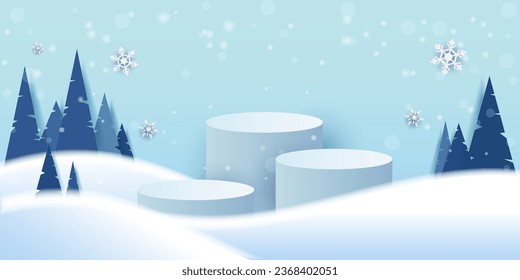 podium to showcase products. empty podium with minimalist design and winter background
