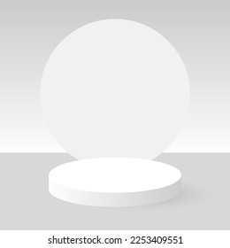 Muestra de podio, vector. Mostrador de peatones redondo blanco. Una escena minimalista para demostrar la disposición del producto.
