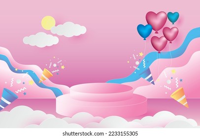 Podium showing cute products Or it could be love Pink tones with cute heart-shaped balloons. There is a podium in the middle. Adorned with cute clouds around the podium. paper art. EPS 10 vector