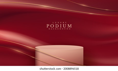 Podium showing products and golden curve lines on red fabric. 3d luxury background concept. Vector illustration for promoting sales and marketing.