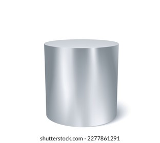 Cilindro de acero plateado de podio, soporte o pantalla de producto, vector 3d. Fondo de base de podio o pedestal de metal plateado del pilar de plataforma para la plataforma de visualización de productos de lujo