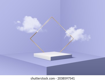 Nubes de podio y cielo, visualización de producto en 3d de la ilustración vectorial de representación de estudio de escenario. Mínima plataforma abstracta peatonal de forma geométrica, premio de podio moderno en fondo color pastel violeta