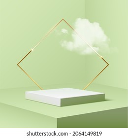 Podium and sky clouds, product display on 3d stage studio render vector illustration. Minimal abstract platform pedestal rendered geometric shape, modern podium award in green pastel background