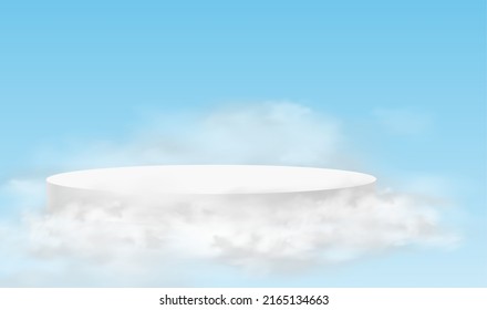 Podium sky. Minimalistic background with white podiums in the clouds. 3d realistic pedestals product for product demonstration and sky clouds.