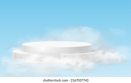 Podium sky. Minimalistic background with white podiums in the clouds. 3d realistic pedestals product for product demonstration and sky clouds