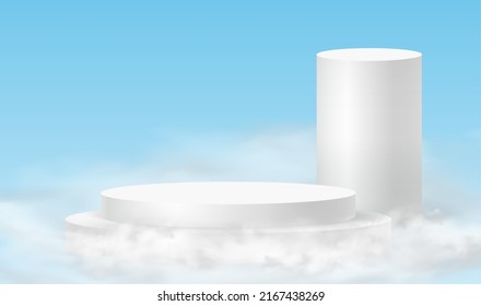 Podium sky. Minimalistic background with white podiums in the clouds. 3d realistic pedestals product for product demonstration and sky clouds