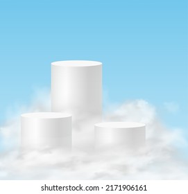 Podium sky. Minimalistic background with white podiums in the clouds. 3d realistic pedestals product for product demonstration and sky clouds