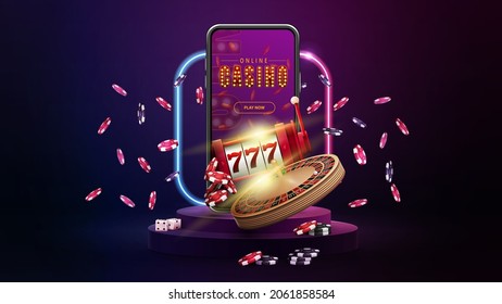 Podium with smartphone, casino slot machine, Casino Roulette, poker chips and gradient neon square frame in dark empty scene.