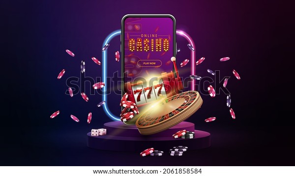 Podium with smartphone, casino slot machine,\
Casino Roulette, poker chips and gradient neon square frame in dark\
empty scene.