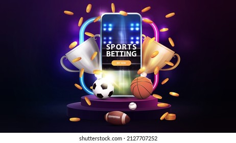 Podium and smartphone  champion cups  falling gold coins  sport balls   gradient neon square frame in dark empty scene  Sports betting  banner for your business