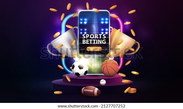 Podium with smartphone, champion\
cups, falling gold coins, sport balls and gradient neon square\
frame in dark empty scene. Sports betting, banner for your\
business