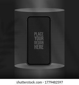 Podium for smartphone presentation in black color with shadow leaf. Vector flat illustrations. Circular realistic exhibition platform, display case. Black background banner for advertise phone.