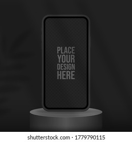 Podium for smartphone presentation in black color with shadow leaf. Vector flat illustrations. Circular realistic exhibition platform, display case. Black background banner for advertise phone.