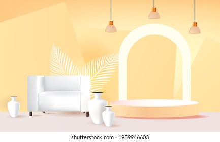 podium and sofa minimal yellow background design interior for show presentation product