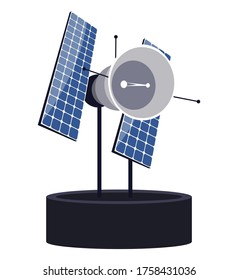 Podium with space satellite isolated object. Modern interactive stand in exhibition astronomy museum. Vector illustration of aeronautics equipment, communication technology, global connection