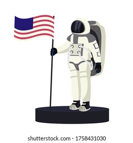 Podium with spacesuit of astronaut holding flag of America. Space mission on moon. Modern interactive stand in exhibition astronomy museum. Vector character illustration of isolated person cosmonaut