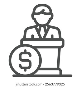 Podium speaker man with coin line icon, financial advice concept. Vector graphics. Money love silence sign on white background, outline style icon for mobile or web design