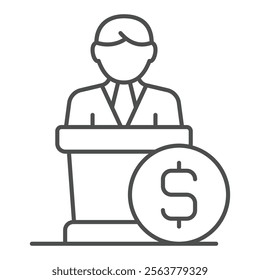 Podium speaker man with coin thin line icon, financial advice concept. Vector graphics. Money love silence sign on white background, outline style icon for mobile or web design