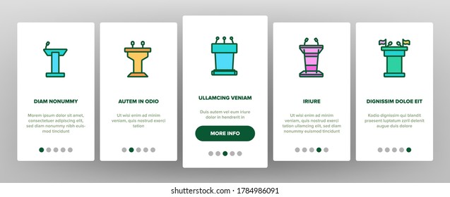 Podium Speaker Tool Onboarding Mobile App Page Screen Vector. Podium With Microphone For Debates, Tribune For Reader Or Orator, Classroom Pedestal Illustrations