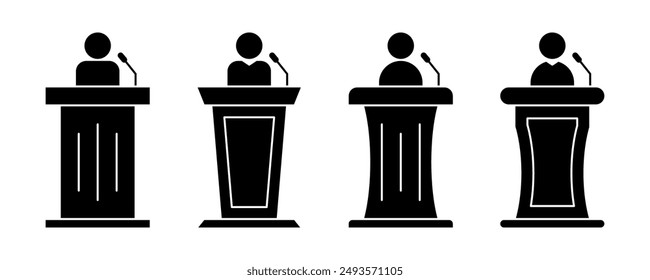 Podium Speech Icon Set. Lautsprecher Podium Symbol. Konferenz Zeichen. Einfaches Design isoliert auf weißem Hintergrund