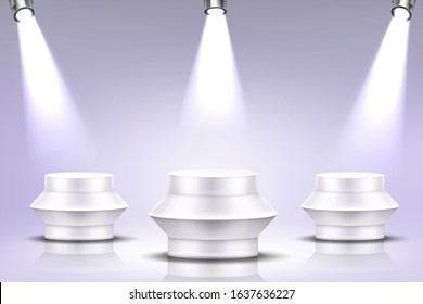 Podium with spotlight illumination, empty round stage for award ceremony, product presentation platform, fashion show performance pedestal, dance floor in nightclub. Realistic 3d vector illustration