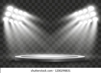 Podium with a spotlight on a dark background, first place, fame and popularity. Vector illustration. Realistic podium illuminated by spotlights.