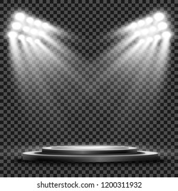 Podium with a spotlight on a dark background, first place, fame and popularity. Vector illustration. Realistic podium illuminated by spotlights.
