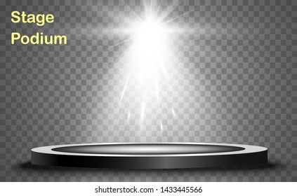 Podium with a spotlight on a dark background, first place, fame and popularity. Vector illustration. Realistic podium illuminated by spotlights.