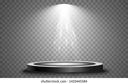 Podium with a spotlight on a dark background, first place, fame and popularity. Vector illustration. Realistic podium illuminated by spotlights.