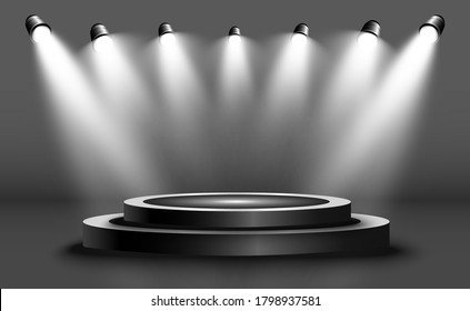 Podium with a spotlight on a dark background, first place, fame and popularity. Vector illustration. Realistic podium illuminated by spotlights.