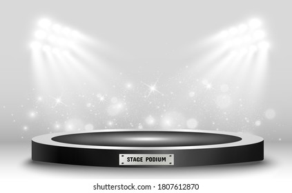 Podio con foco en un fondo oscuro, primer lugar, fama y popularidad. Ilustración vectorial. Podio realista iluminado por focos.