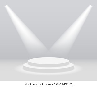 Podium with spotlight. White stage with light. Round pedestal for award. Empty platform on floor with luminous for winner, show and ceremony. Beam of lamp on scene. Lantern illuminated. Vector.
