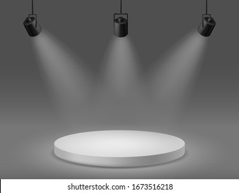 Podium with spotlights. Empty illuminated pedestal, 3d platform for ceremony award round show scene with studio simple projectors vector mockup