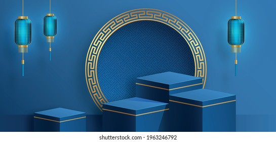 Podium square stage Chinese style, for chinese new year and festivals or mid autumn festival with red paper cut art and craft on color backgroung with asian elements