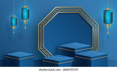 Podium square stage Chinese style, for chinese new year and festivals or mid autumn festival with red paper cut art and craft on color backgroung with asian elements