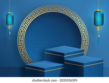 Podium square stage Chinese style, for chinese new year and festivals or mid autumn festival with red paper cut art and craft on color backgroung with asian elements