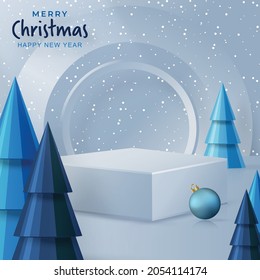 Podium square stage style, for Merry christmas and happy new year and festivals or greeting festival with blue paper cut art and craft on color backgroung with festive elements