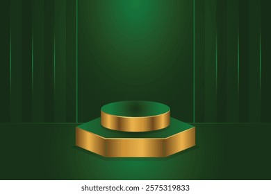 podium with stacked hexagons and circles in gold and green colors and glowing wall backdrop