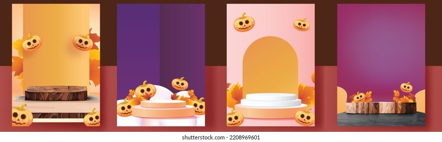 podium stage autumn halloween season paper art colorful for show banner sale vector illustation pumpkin 