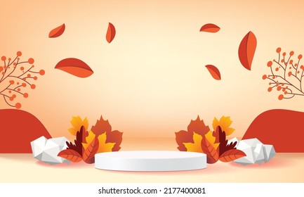 Podium Stage Autumn Season Paper Art Colorful For Show Banner Sale Vector Illustation