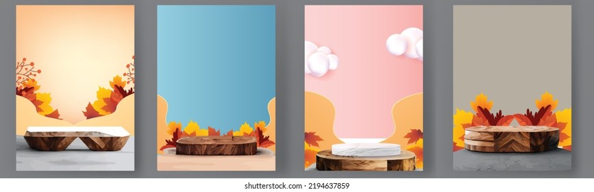 podium stage autumn season paper art colorful for show banner sale vector illustation